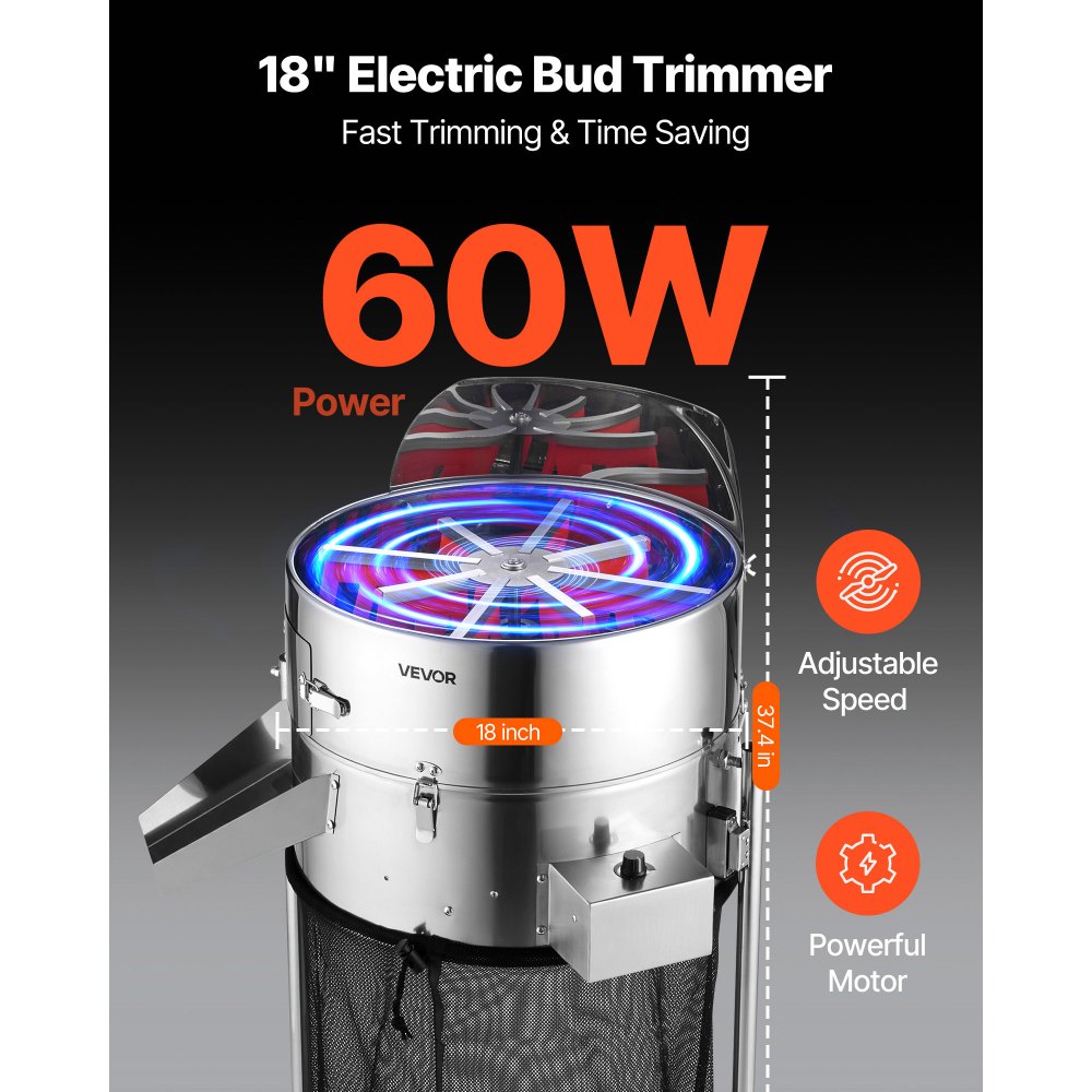VEVOR Electric Bud Leaf Trimmer, 18 in Tiltable Bud Trimmer with Sharp Stainless Steel Blades, Adjustable Speed, Hydroponic Cutting Machine with Collection Bag Hand Pruner & Scissors, for Leaves Buds
