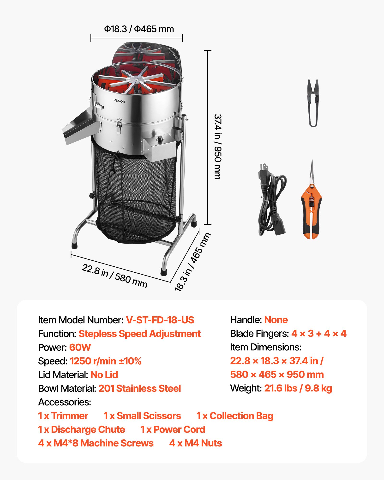 VEVOR Electric Bud Leaf Trimmer, 18 in Tiltable Bud Trimmer with Sharp Stainless Steel Blades, Adjustable Speed, Hydroponic Cutting Machine with Collection Bag Hand Pruner & Scissors, for Leaves Buds