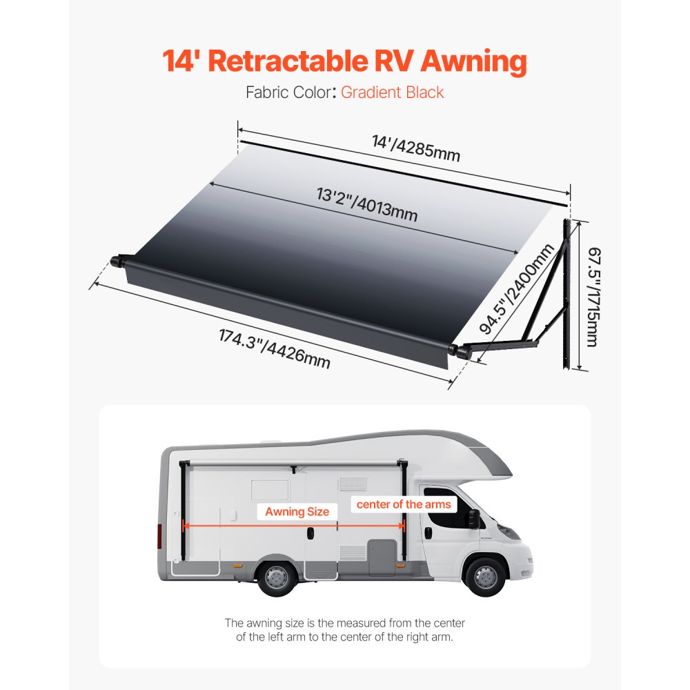 VEVOR Motorized RV Awning Complete Kit, 14' Retractable Awning with Aluminum Alloy Frame, Outdoor Trailer Awning, Fit for Most RVs(Black Fade)