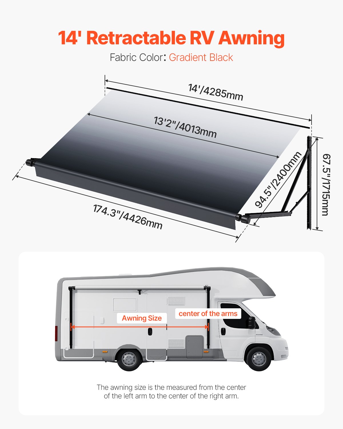 VEVOR Motorized RV Awning Complete Kit, 14' Retractable Awning with Aluminum Alloy Frame, Outdoor Trailer Awning, Fit for Most RVs(Black Fade)