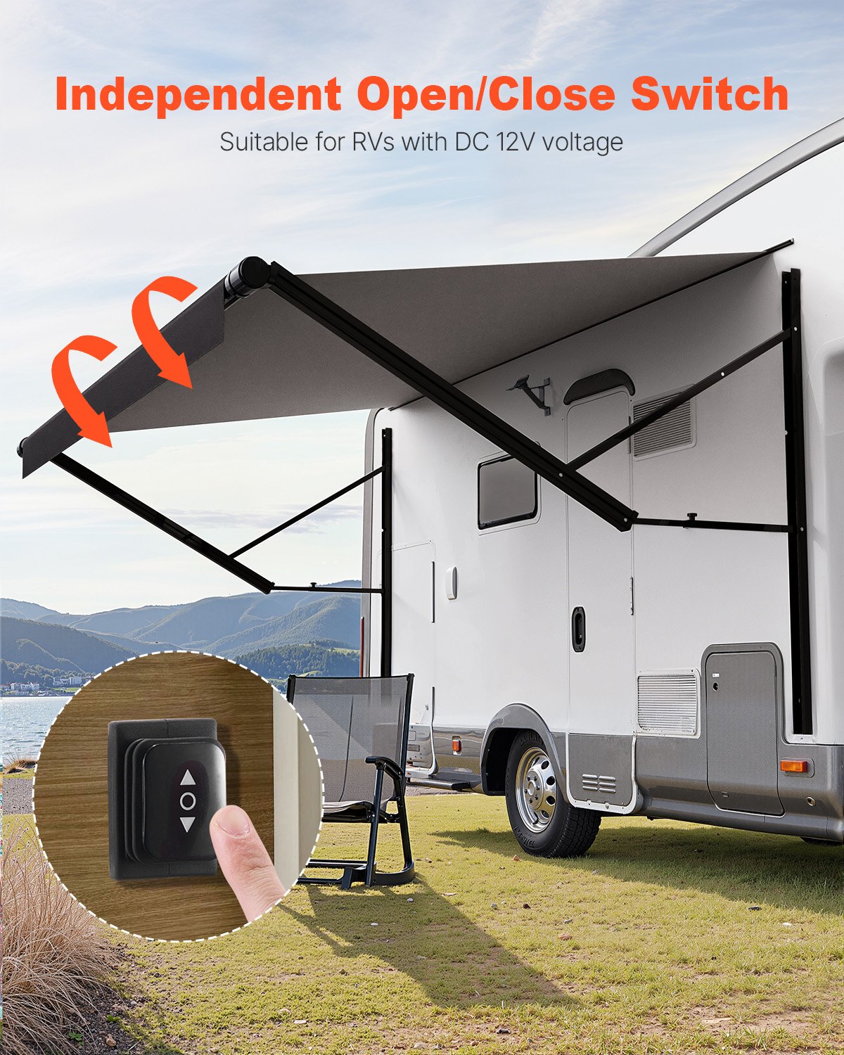 VEVOR Motorized RV Awning Complete Kit, 19' Retractable Awning with Aluminum Alloy Frame, Outdoor Trailer Awning, Fit for Most RVs(Black Fade)
