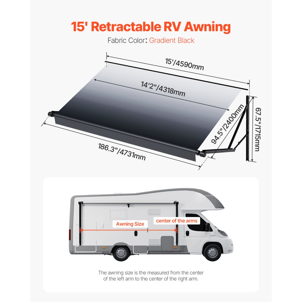 VEVOR Motorized RV Awning Complete Kit, 15' Retractable Awning with Aluminum Alloy Frame, Outdoor Trailer Awning, Fit for Most RVs(Black Fade)