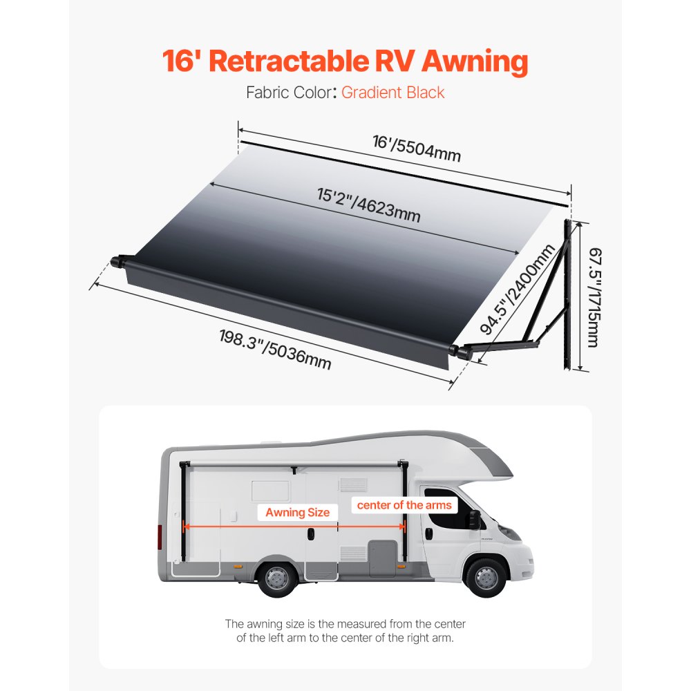 VEVOR Motorized RV Awning Complete Kit, 16' Retractable Awning with Aluminum Alloy Frame, Outdoor Trailer Awning, Fit for Most RVs(Black Fade)