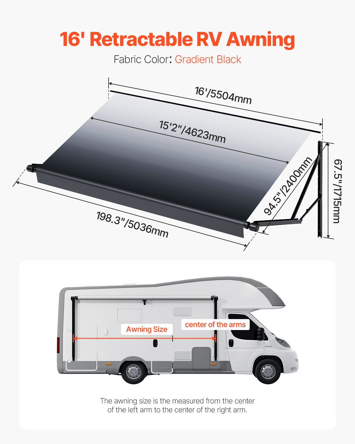 VEVOR Motorized RV Awning Complete Kit, 16' Retractable Awning with Aluminum Alloy Frame, Outdoor Trailer Awning, Fit for Most RVs(Black Fade)