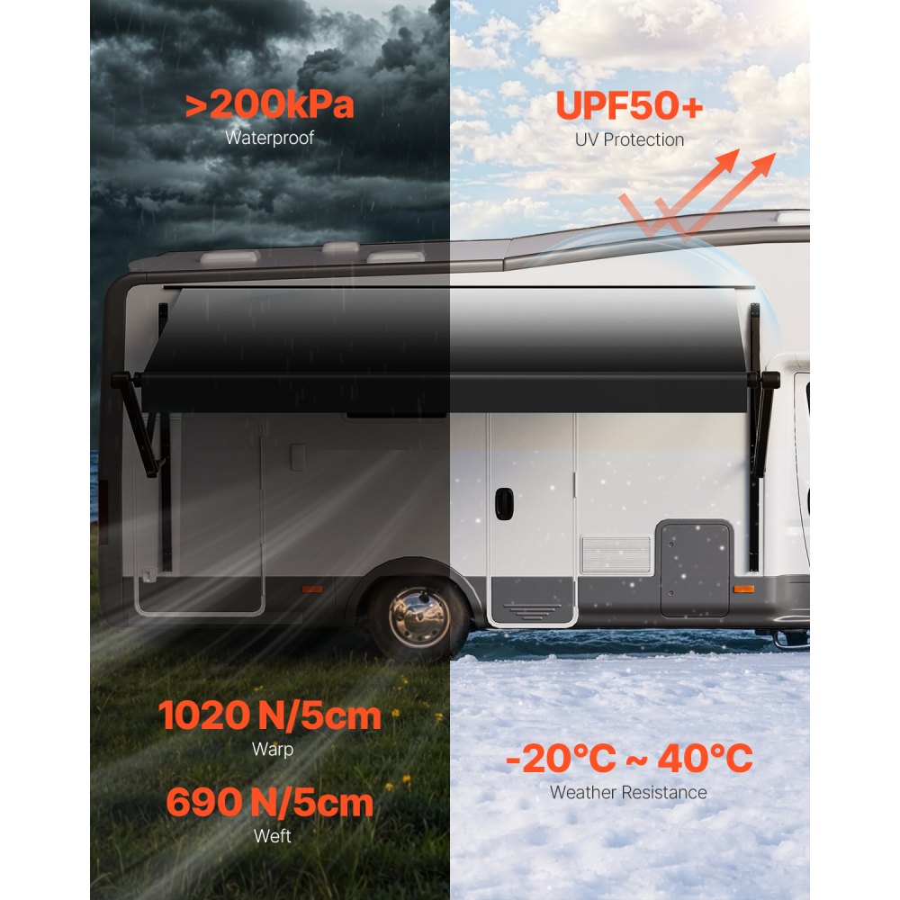 VEVOR Motorized RV Awning Complete Kit, 20' Retractable Awning with Aluminum Alloy Frame, Outdoor Trailer Awning, Fit for Most RVs(Black Fade)