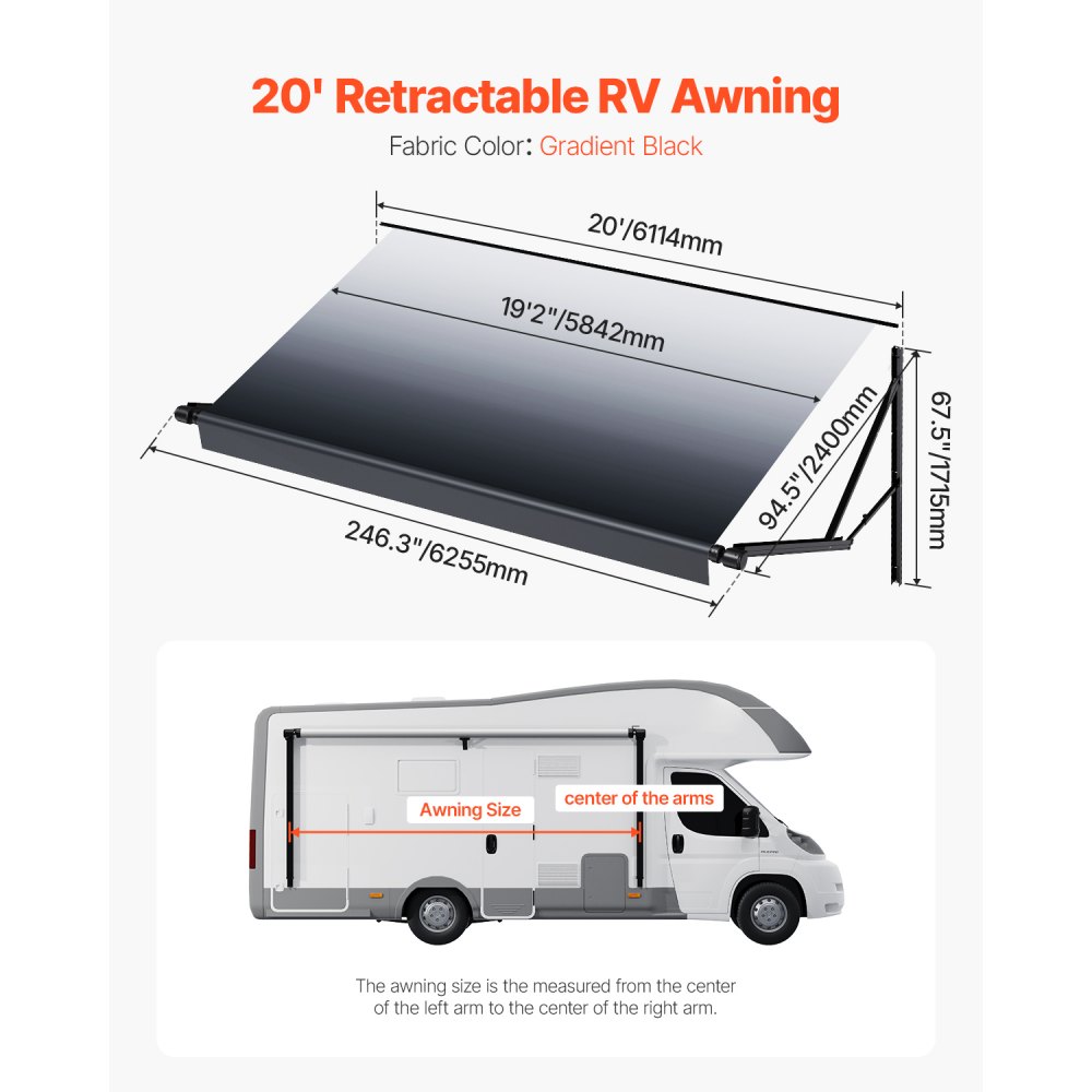 VEVOR Motorized RV Awning Complete Kit, 20' Retractable Awning with Aluminum Alloy Frame, Outdoor Trailer Awning, Fit for Most RVs(Black Fade)