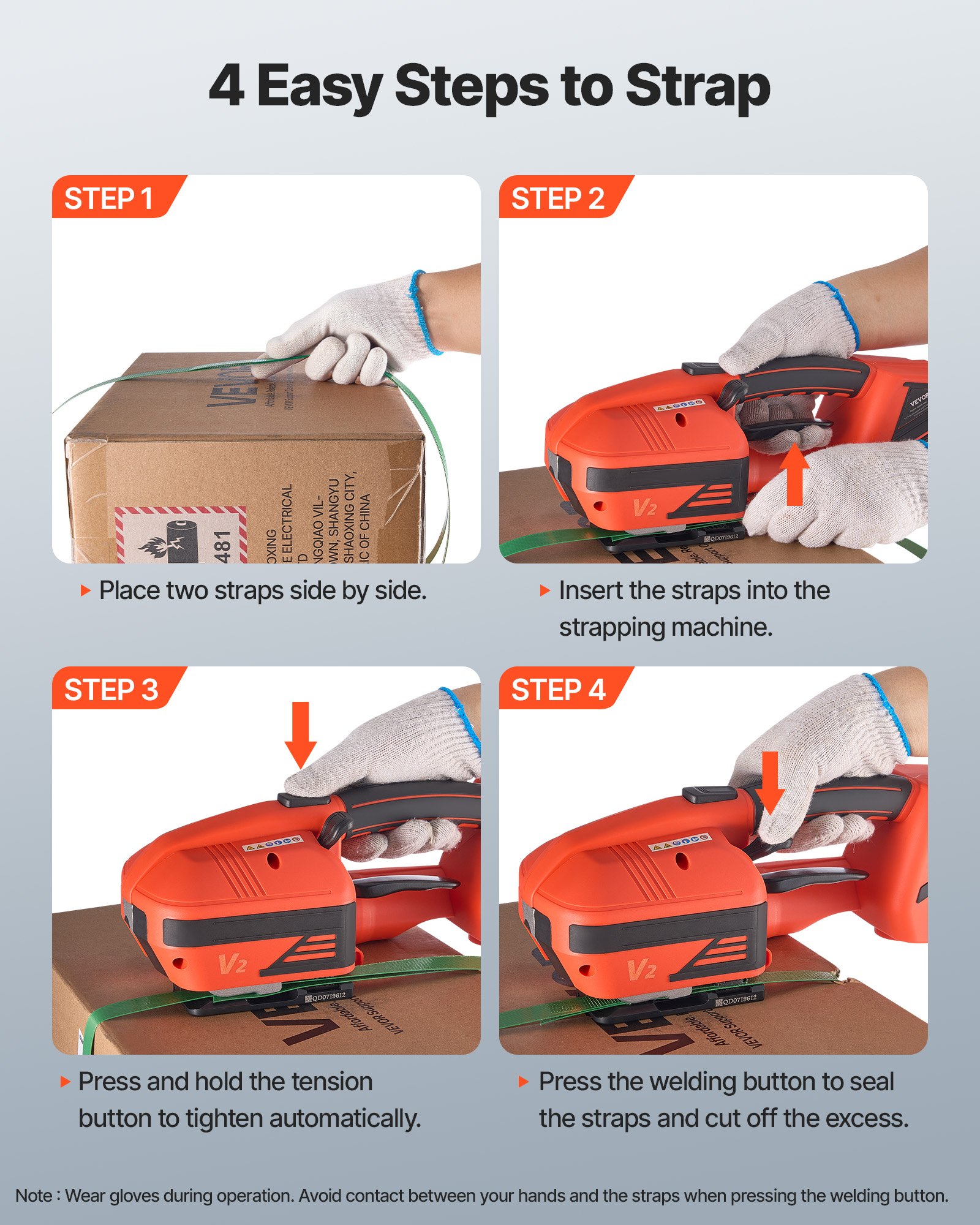 VEVOR Electric Strapping Machine, 2 x 4000mAh Batteries, Automatic Strapping Tool with Digital Display for 9-16 mm Wide PP/PET Straps, Banding Tensioner Machine for Packaging Box Pallet