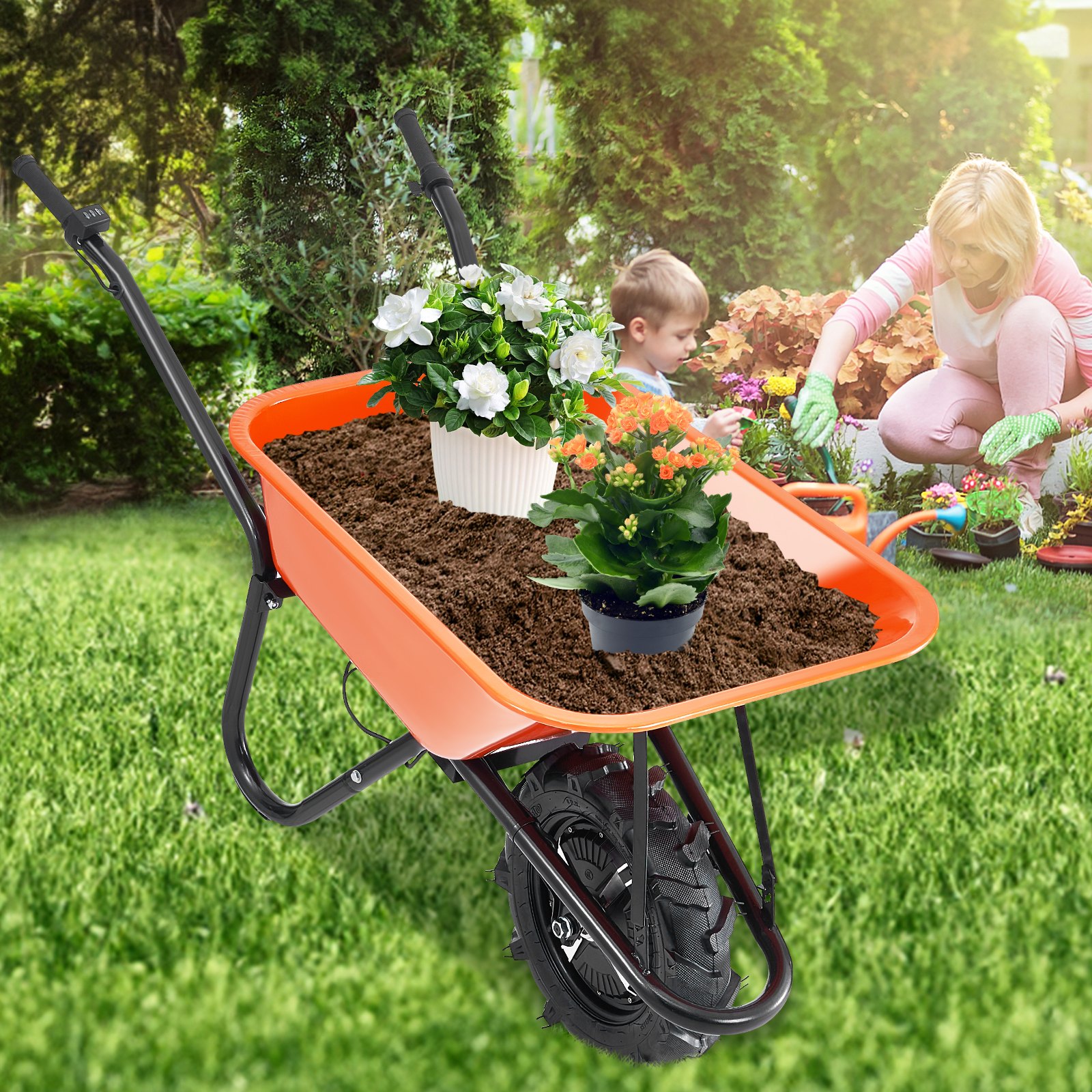 VEVOR Electric Wheelbarrow Cart, 500W Powered Utility Garden Wagon Dump Cart, 5 Cu. Ft. Load & 330 lbs Capacity with Metal Handle & 16" Track Wheels, One Wheel Barrow Yard Cart & Wagons for Lawn Farm
