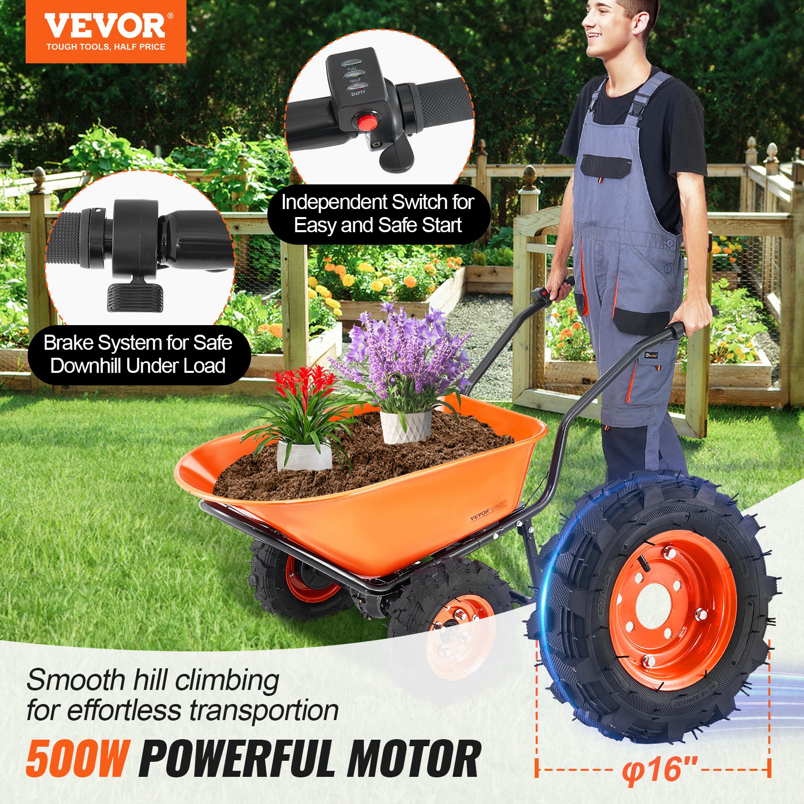 VEVOR Electric Wheelbarrow Cart, 500W Powered Utility Garden Wagon Dump Cart, 4.5 Cu Ft Load & 573 lbs Capacity with Metal Handle & 16" Track Wheels, Two Wheel Barrow Yard Cart & Wagons for Lawn Farm