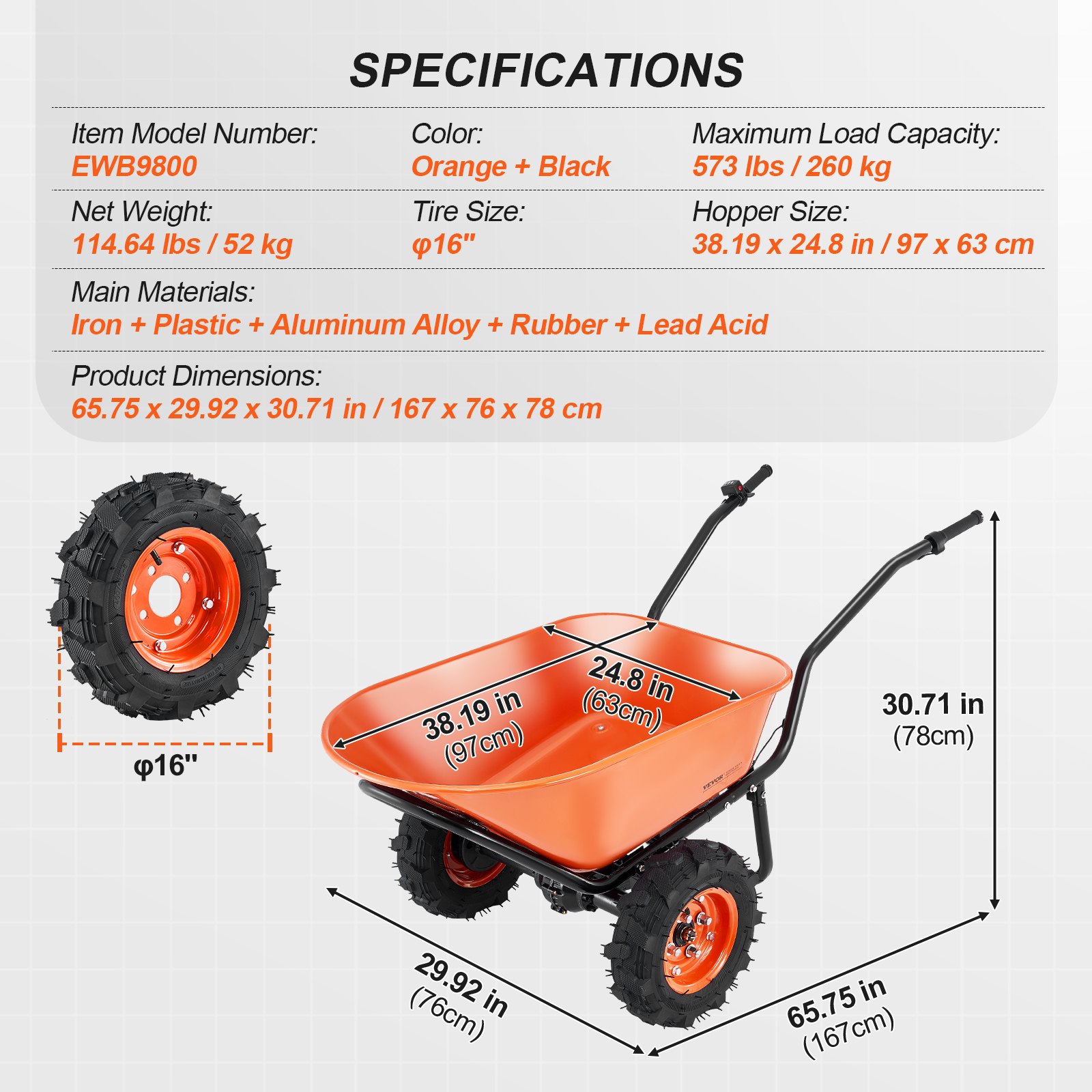 VEVOR Electric Wheelbarrow Cart, 500W Powered Utility Garden Wagon Dump Cart, 4.5 Cu Ft Load & 573 lbs Capacity with Metal Handle & 16" Track Wheels, Two Wheel Barrow Yard Cart & Wagons for Lawn Farm