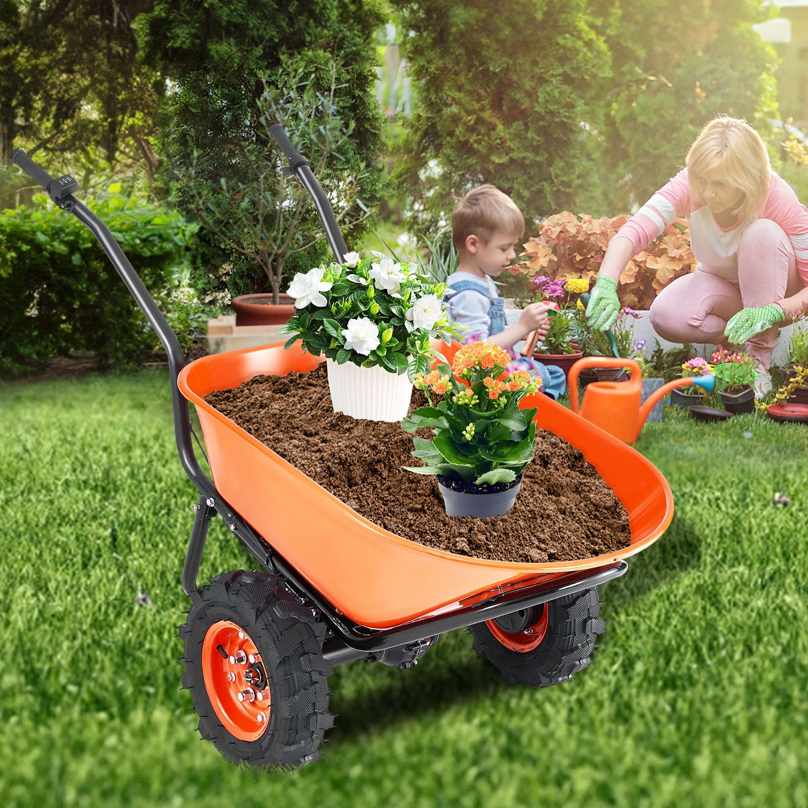 VEVOR Electric Wheelbarrow Cart, 500W Powered Utility Garden Wagon Dump Cart, 4.5 Cu Ft Load & 573 lbs Capacity with Metal Handle & 16" Track Wheels, Two Wheel Barrow Yard Cart & Wagons for Lawn Farm