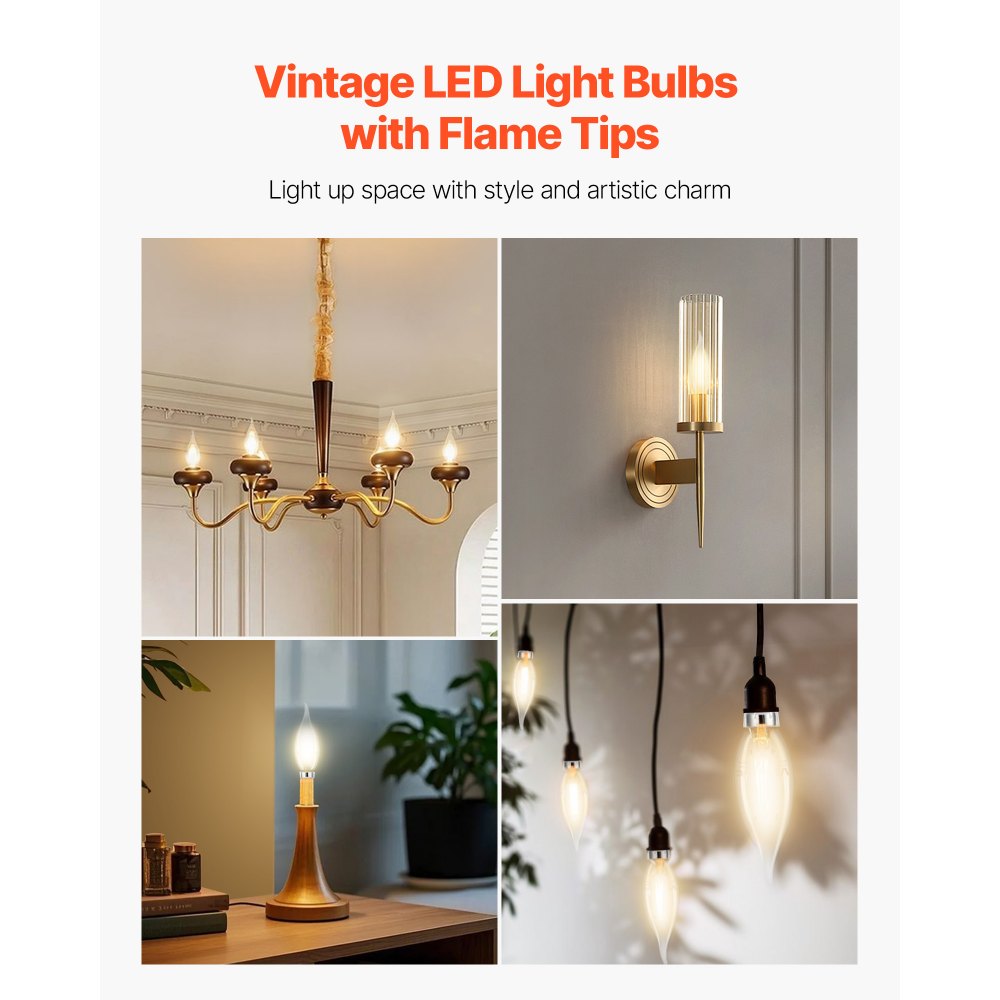 VEVOR LED Candelabra Bulbs, 12-Pack Dimmable Chandelier Light Bulbs, Vintage Flame Tip Candle Light Bulb with 2725K Warm Lighting, 90+ High CRI & E12 Base for Chandeliers, Wall Sconces & Table Lamps