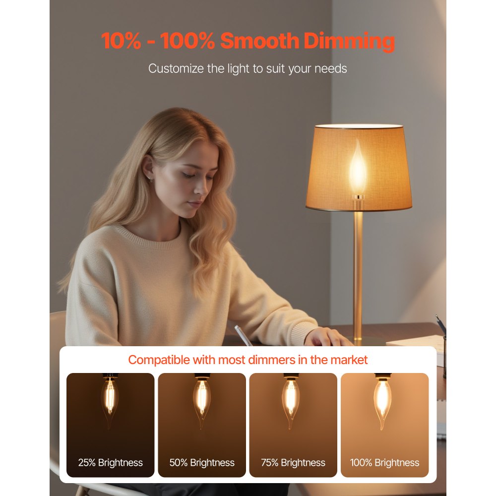 VEVOR LED Candelabra Bulbs, 12-Pack Dimmable Chandelier Light Bulbs, Vintage Flame Tip Candle Light Bulb with 2725K Warm Lighting, 90+ High CRI & E12 Base for Chandeliers, Wall Sconces & Table Lamps