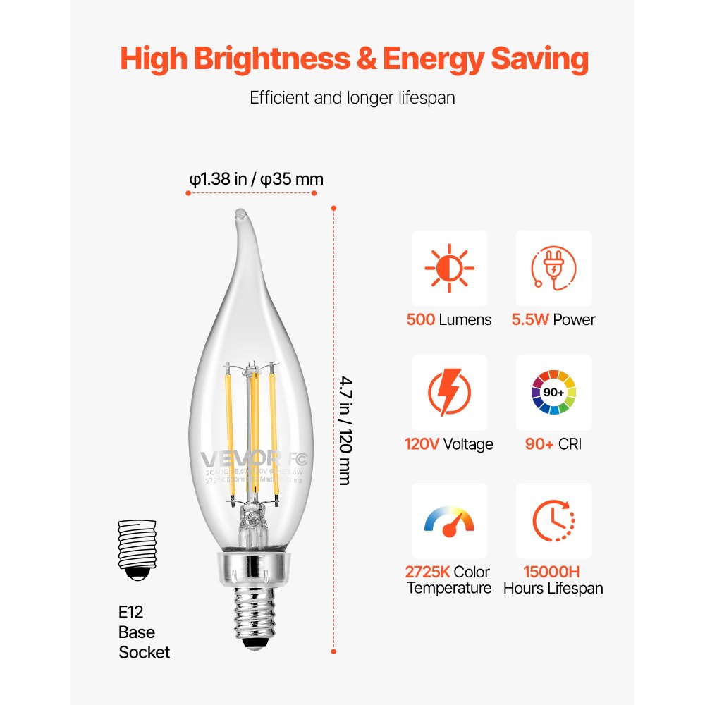 VEVOR LED Candelabra Bulbs, 12-Pack Dimmable Chandelier Light Bulbs, Vintage Flame Tip Candle Light Bulb with 2725K Warm Lighting, 90+ High CRI & E12 Base for Chandeliers, Wall Sconces & Table Lamps