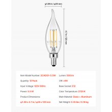 VEVOR LED Candelabra Bulbs 12-Pack Dimmable Chandelier Light Bulbs 2725K 90+ CRI