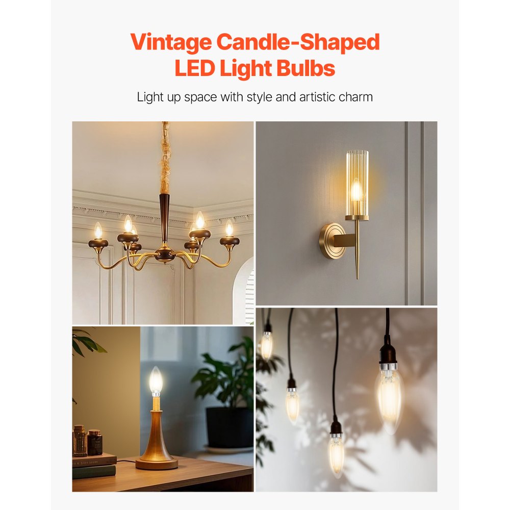 VEVOR LED Candelabra Bulbs, 12-Pack Dimmable Chandelier Light Bulbs, Vintage Clear Glass Candle Light Bulb with 2725K Warm Lighting, 90+ High CRI & E12 Base for Chandeliers, Wall Sconces & Table Lamps