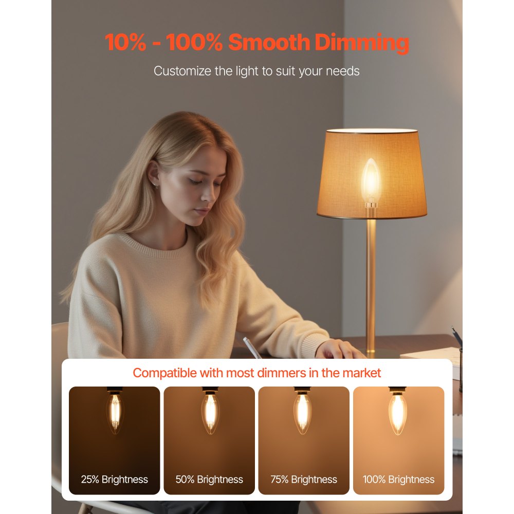 VEVOR LED Candelabra Bulbs, 12-Pack Dimmable Chandelier Light Bulbs, Vintage Clear Glass Candle Light Bulb with 2725K Warm Lighting, 90+ High CRI & E12 Base for Chandeliers, Wall Sconces & Table Lamps