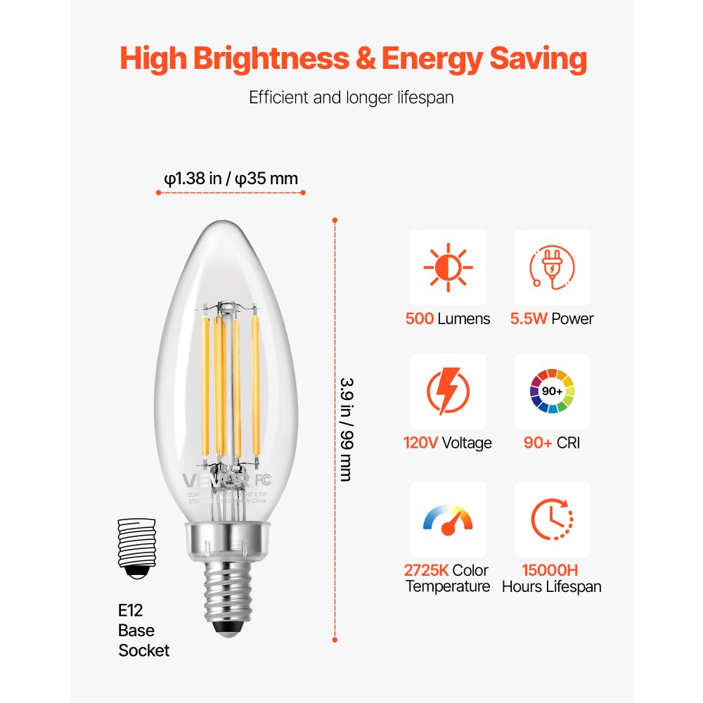VEVOR LED Candelabra Bulbs, 12-Pack Dimmable Chandelier Light Bulbs, Vintage Clear Glass Candle Light Bulb with 2725K Warm Lighting, 90+ High CRI & E12 Base for Chandeliers, Wall Sconces & Table Lamps
