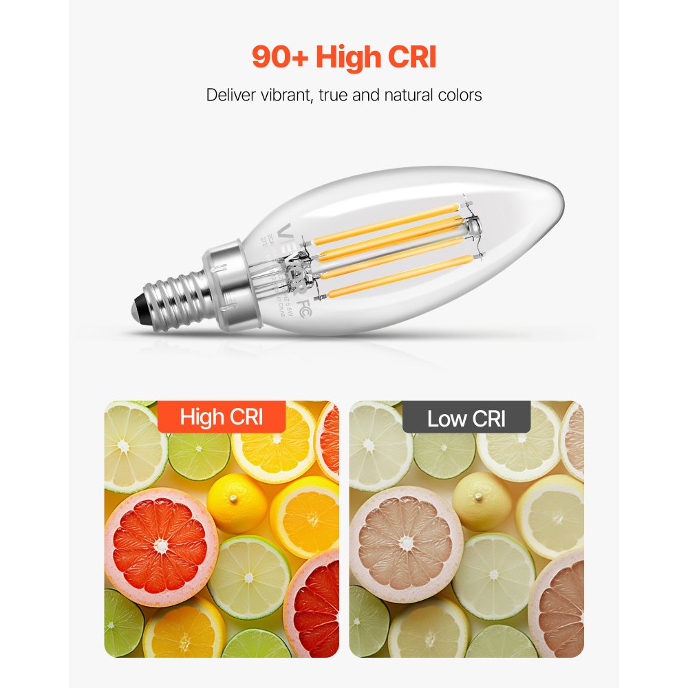 VEVOR LED Candelabra Bulbs, 12-Pack Dimmable Chandelier Light Bulbs, Vintage Clear Glass Candle Light Bulb with 2725K Warm Lighting, 90+ High CRI & E12 Base for Chandeliers, Wall Sconces & Table Lamps