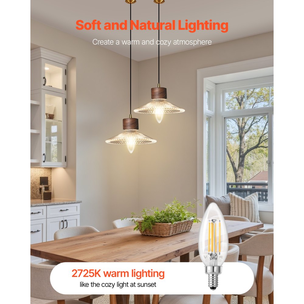 VEVOR LED Candelabra Bulbs, 12-Pack Dimmable Chandelier Light Bulbs, Vintage Clear Glass Candle Light Bulb with 2725K Warm Lighting, 90+ High CRI & E12 Base for Chandeliers, Wall Sconces & Table Lamps