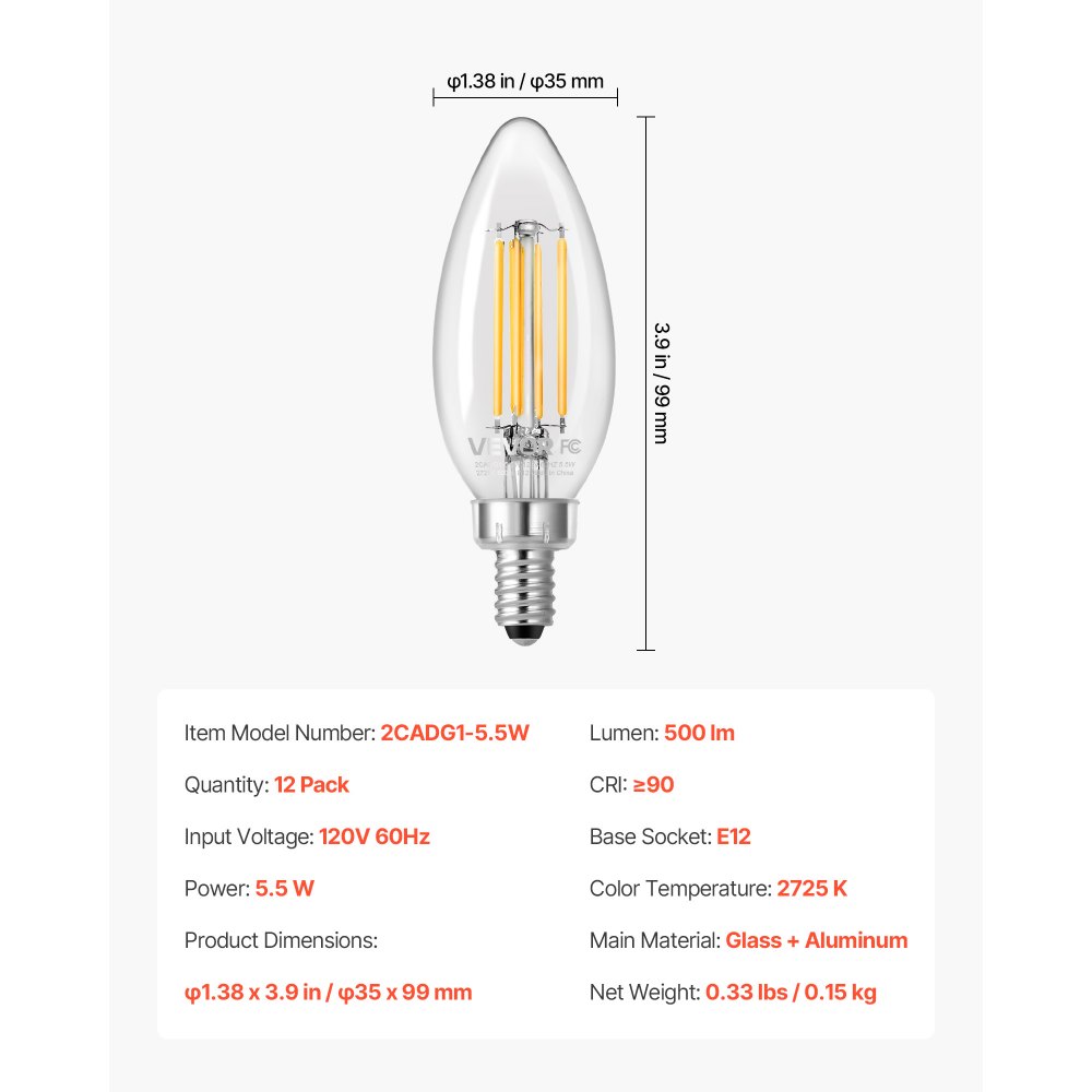 VEVOR LED Candelabra Bulbs, 12-Pack Dimmable Chandelier Light Bulbs, Vintage Clear Glass Candle Light Bulb with 2725K Warm Lighting, 90+ High CRI & E12 Base for Chandeliers, Wall Sconces & Table Lamps