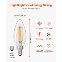 VEVOR LED Candelabra Bulbs 12-Pack Dimmable Chandelier Light Bulbs 2725K 90+ CRI