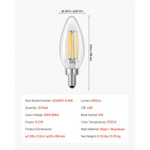 VEVOR LED Candelabra Bulbs 12-Pack Dimmable Chandelier Light Bulbs 2725K 90+ CRI
