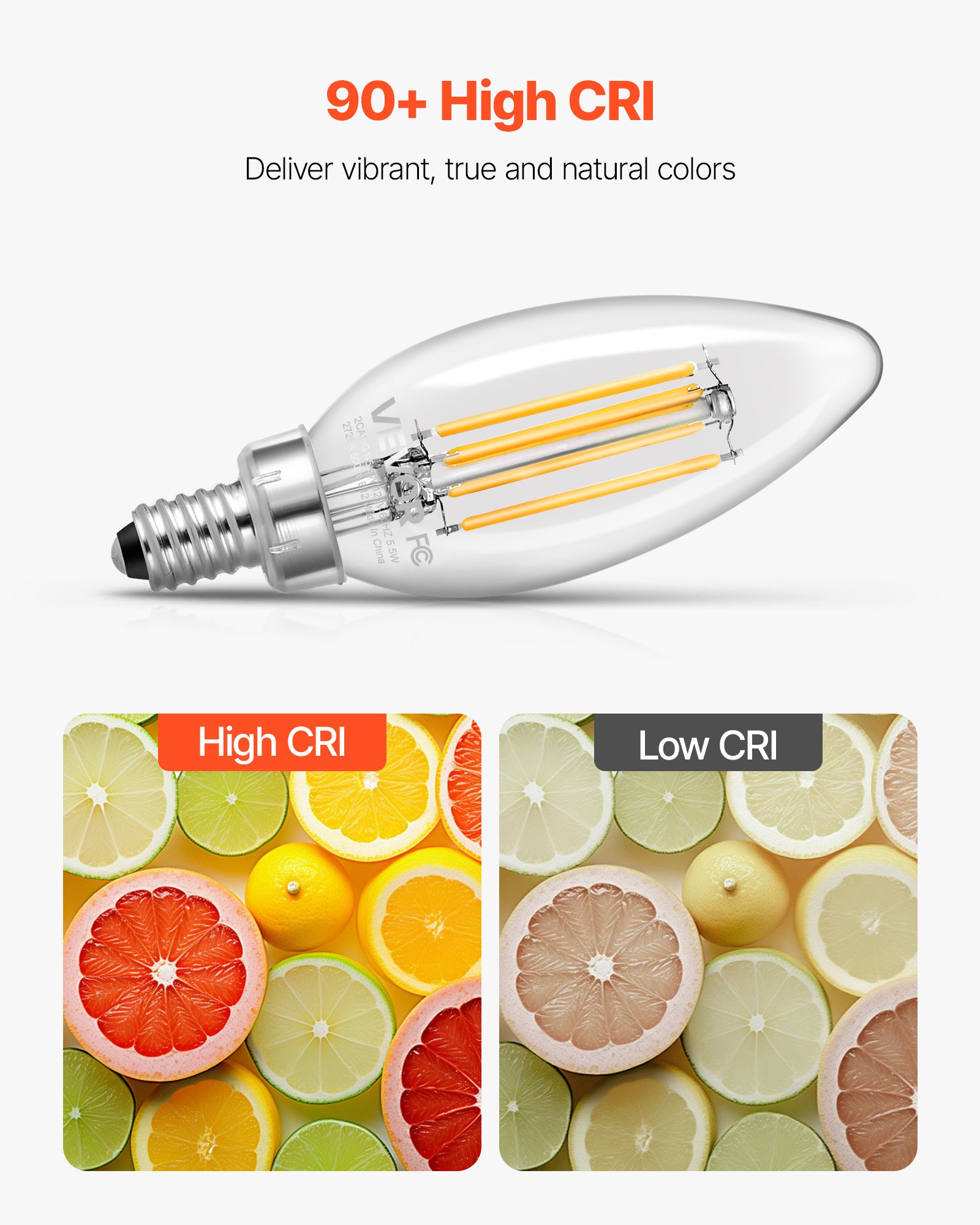 VEVOR LED Candelabra Bulbs, 12-Pack Dimmable Chandelier Light Bulbs, Vintage Clear Glass Candle Light Bulb with 2725K Warm Lighting, 90+ High CRI & E12 Base for Chandeliers, Wall Sconces & Table Lamps