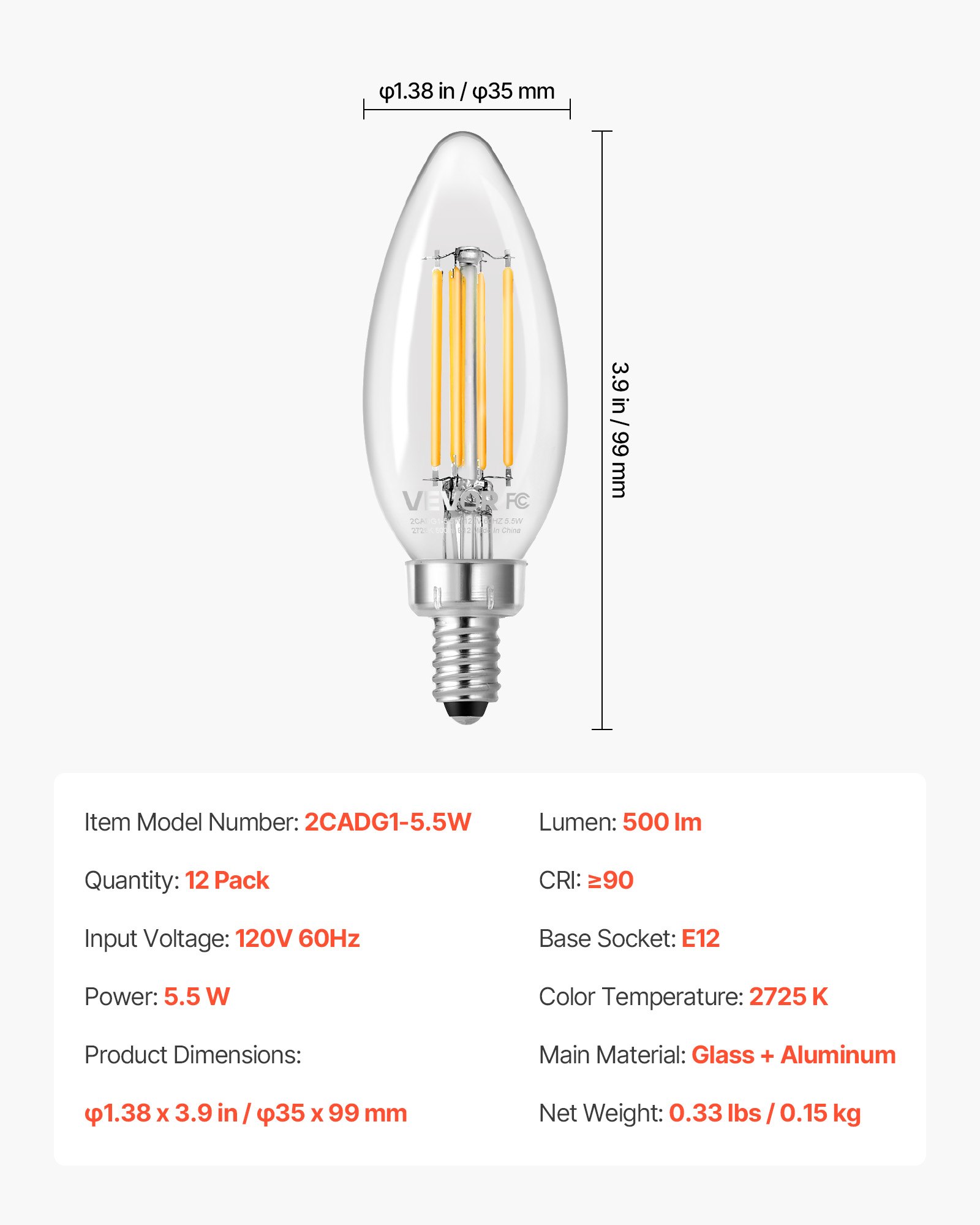 VEVOR LED Candelabra Bulbs, 12-Pack Dimmable Chandelier Light Bulbs, Vintage Clear Glass Candle Light Bulb with 2725K Warm Lighting, 90+ High CRI & E12 Base for Chandeliers, Wall Sconces & Table Lamps