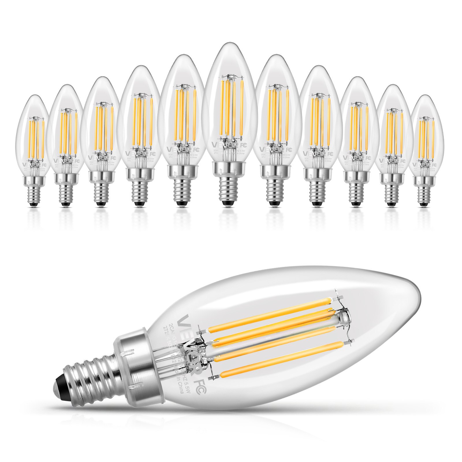 VEVOR LED Candelabra Bulbs, 12-Pack Dimmable Chandelier Light Bulbs, Vintage Clear Glass Candle Light Bulb with 2725K Warm Lighting, 90+ High CRI & E12 Base for Chandeliers, Wall Sconces & Table Lamps