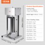 VEVOR electric sausage stuffer with dimensions and specifications displayed, ideal for food prep.