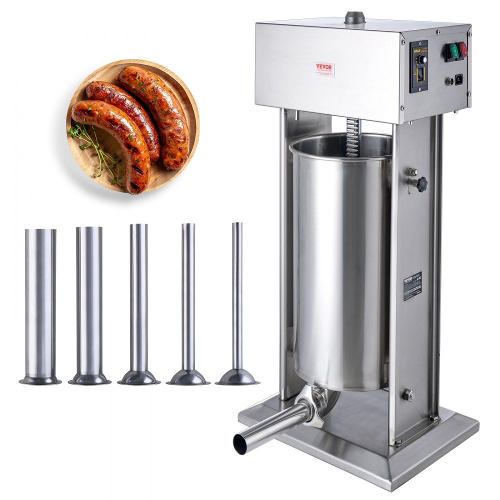 VEVOR electric sausage stuffer with stainless steel cylinders, nozzles, and plate of sausages.