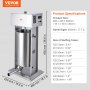 VEVOR electric sausage stuffer with specifications and measurements displayed, includes stuffing tube sizes.