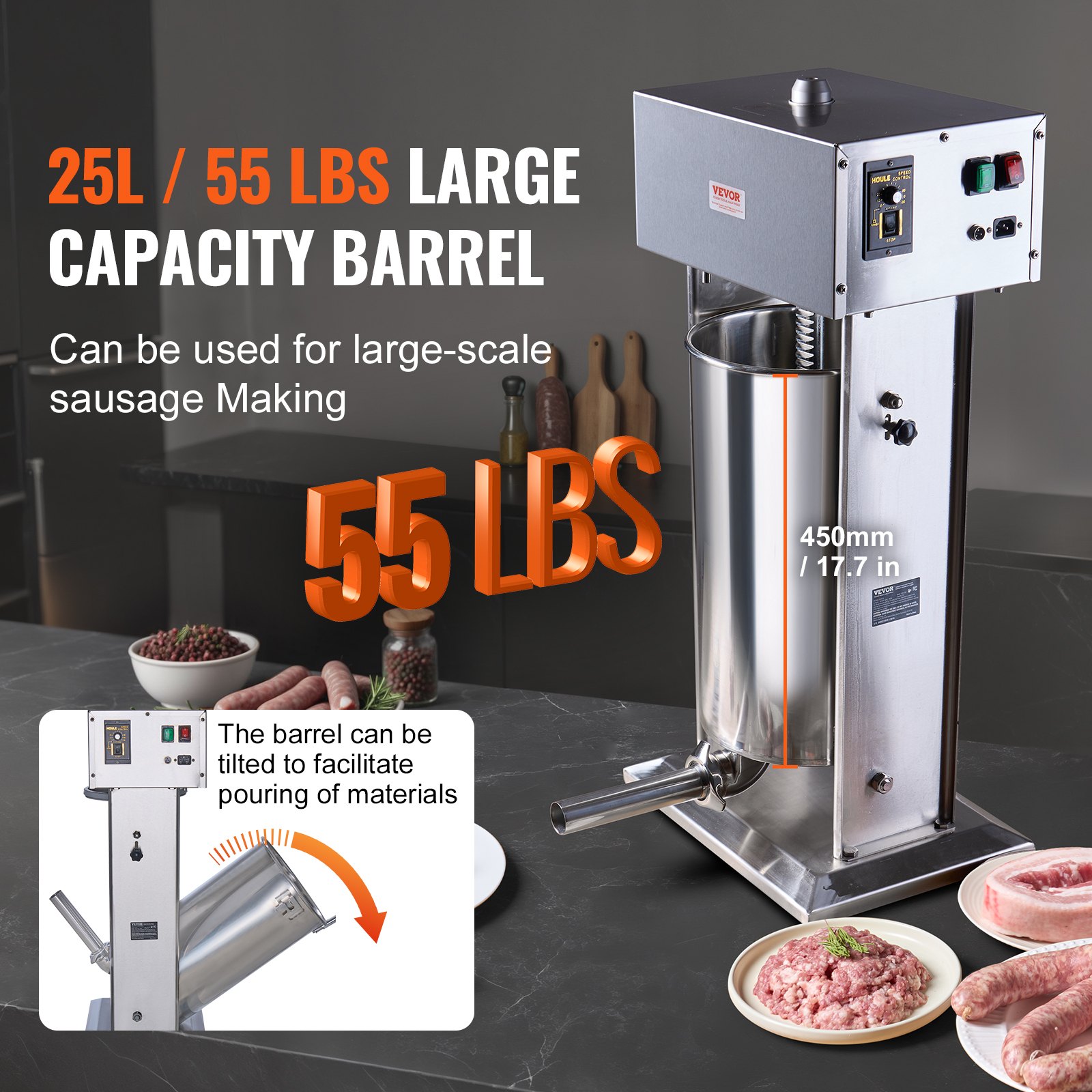 VEVOR Electric Sausage Stuffer, 25 L / 55 LBS Vertical Meat Stuffer, 400W Motor, Stepless Speed Control and Foot Pedal, Made of Food-grade 304 Stainless Steel, 5 Stuffing Tubes for Home, Commercial