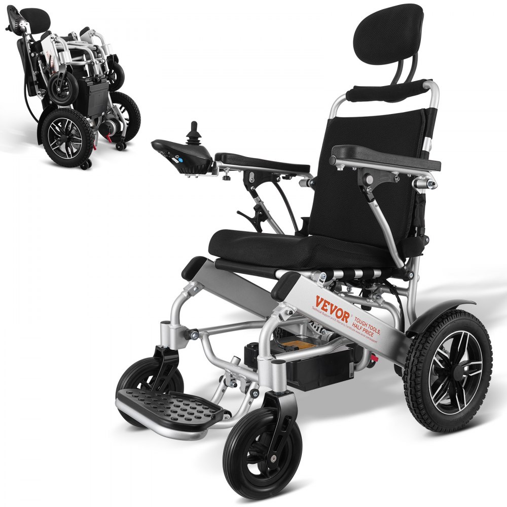 VEVOR electric wheelchair, foldable design, comfortable seating, joystick control, sturdy black and silver frame.