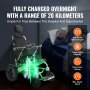 VEVOR electric wheelchair charged overnight with 20km range, 20ah battery, and max speed of 6km/h.