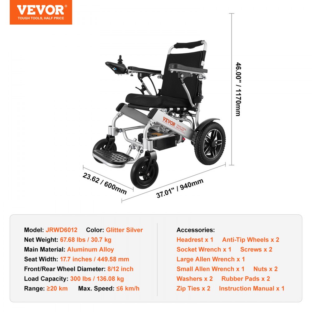 VEVOR Foldable Electric Wheelchair Motorized Power 300 lbs/136 kg Adjustable Backrest