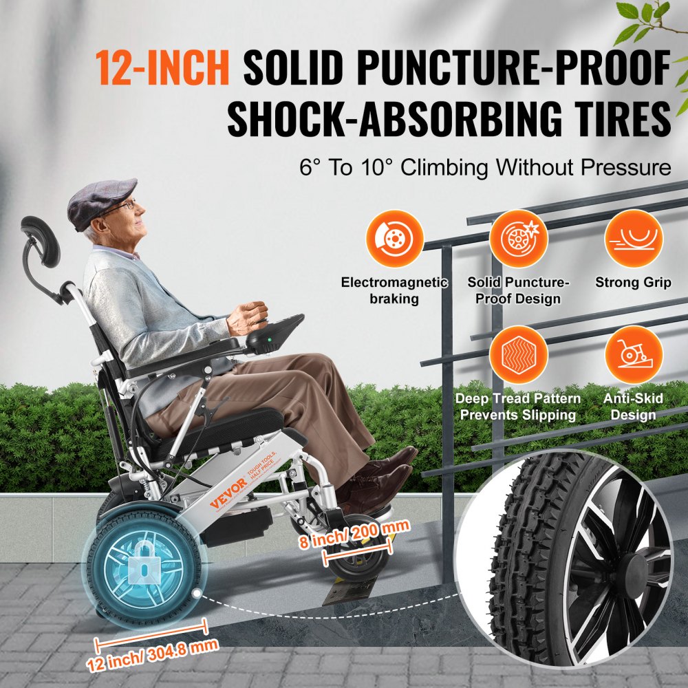 VEVOR Foldable Electric Wheelchair Motorized 300 lbs/136 kg Adjustable Backrest 20 in/50.8 cm W