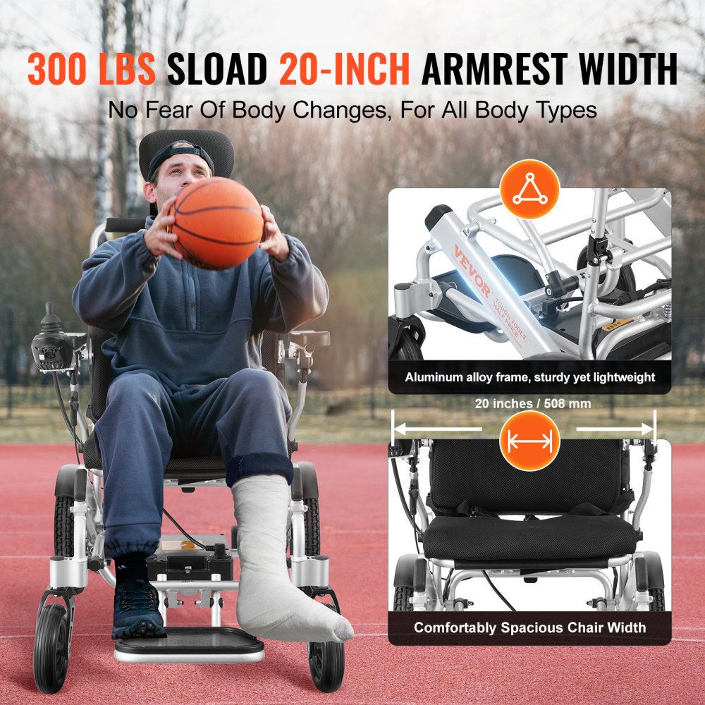 VEVOR Foldable Electric Wheelchair Motorized 300 lbs/136 kg Adjustable Backrest 20 in/50.8 cm W