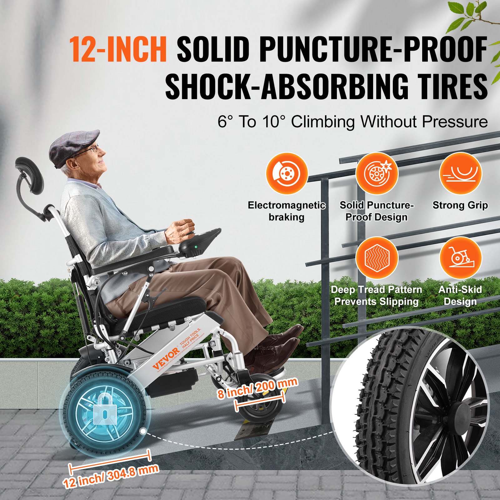 VEVOR Foldable Electric Wheelchair Motorized 300 lbs/136 kg Adjustable Backrest 20 in/50.8 cm W