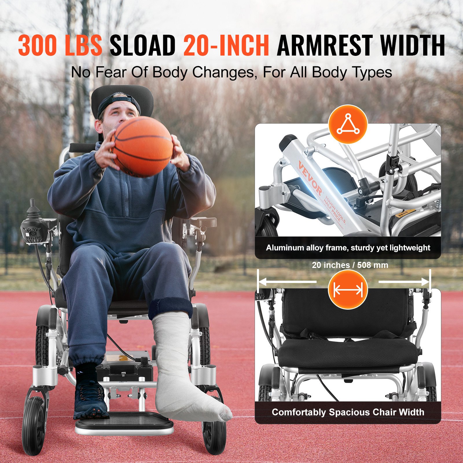 VEVOR Foldable Electric Wheelchair Motorized 300 lbs/136 kg Adjustable Backrest 20 in/50.8 cm W