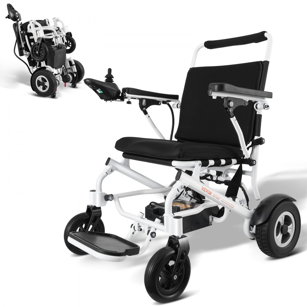 VEVOR electric wheelchair with ergonomic design, foldable structure, white frame, and black seat.