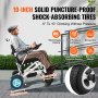 VEVOR electric wheelchair features 10-inch solid puncture-proof tires, 6° to 10° climbing capability, electromagnetic braking.