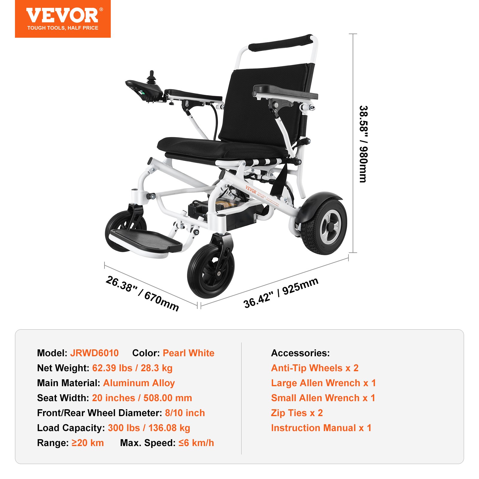 VEVOR Foldable Electric Wheelchair Motorized Power Chair 300 lbs/136 kg 20 in/50.8 cm Wide Seat