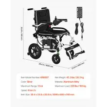 Electric Wheelchair 220lbs Capacity Foldable Lightweight 12 Mile