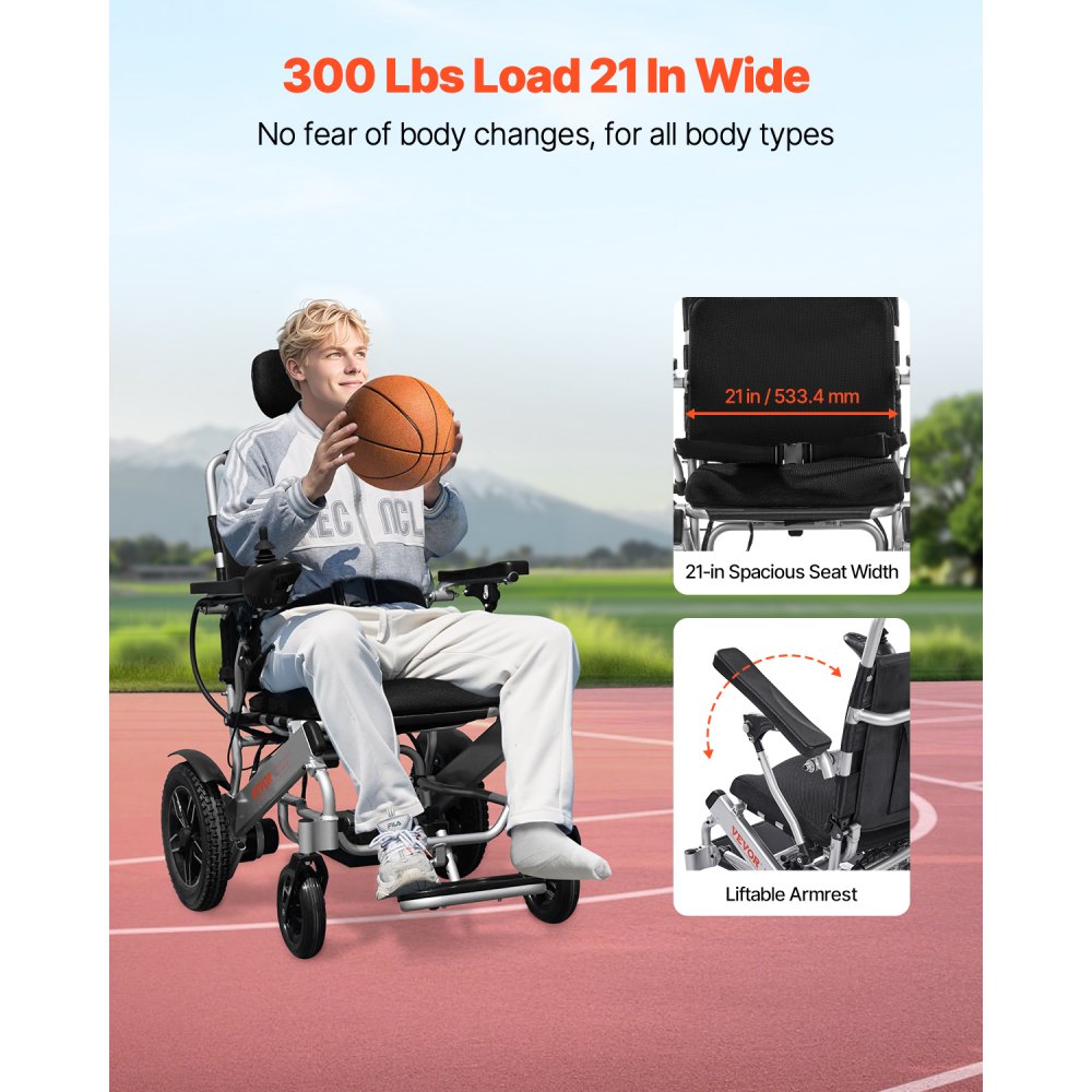 VEVOR Electric Wheelchair for Adults, 136kg Capacity with Adjustable Backrest, Foldable Lightweight Motorized Wheelchair, 21km Range, All-Terrain Powered, Portable 53cm Seat for Seniors & Disabled