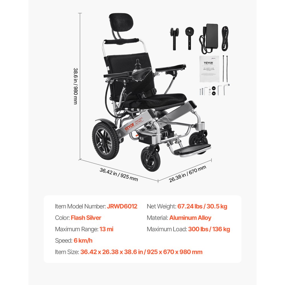 VEVOR Electric Wheelchair for Adults, 136kg Capacity with Adjustable Backrest, Foldable Lightweight Motorized Wheelchair, 21km Range, All-Terrain Powered, Portable 53cm Seat for Seniors & Disabled
