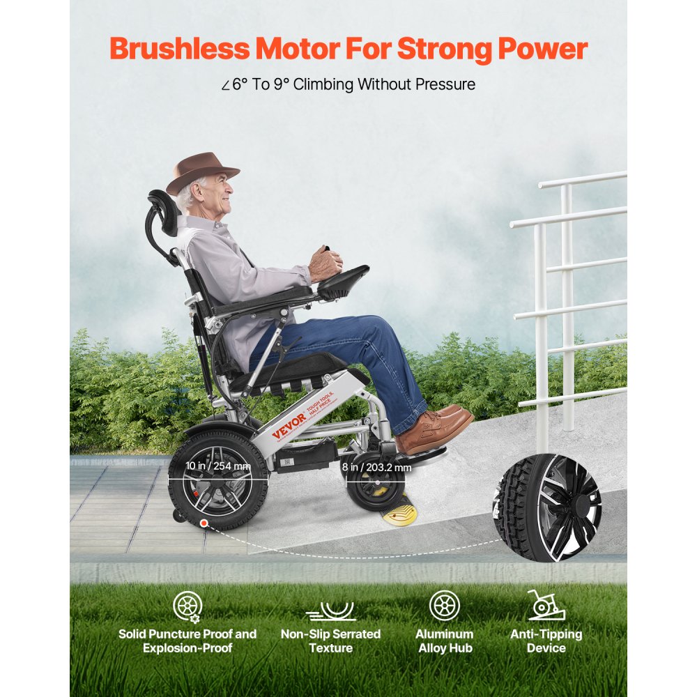 VEVOR Electric Wheelchair for Adults, 136kg Capacity with Adjustable Backrest, Foldable & Lightweight Motorized Wheelchair, 21km Range, All-Terrain Powered Chair, Portable for Seniors & Disabled
