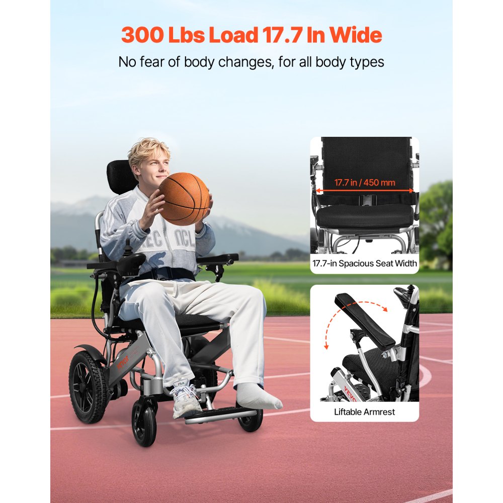 VEVOR Electric Wheelchair for Adults, 136kg Capacity with Adjustable Backrest, Foldable & Lightweight Motorized Wheelchair, 21km Range, All-Terrain Powered Chair, Portable for Seniors & Disabled