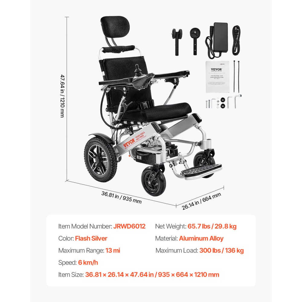 VEVOR Electric Wheelchair for Adults, 136kg Capacity with Adjustable Backrest, Foldable & Lightweight Motorized Wheelchair, 21km Range, All-Terrain Powered Chair, Portable for Seniors & Disabled